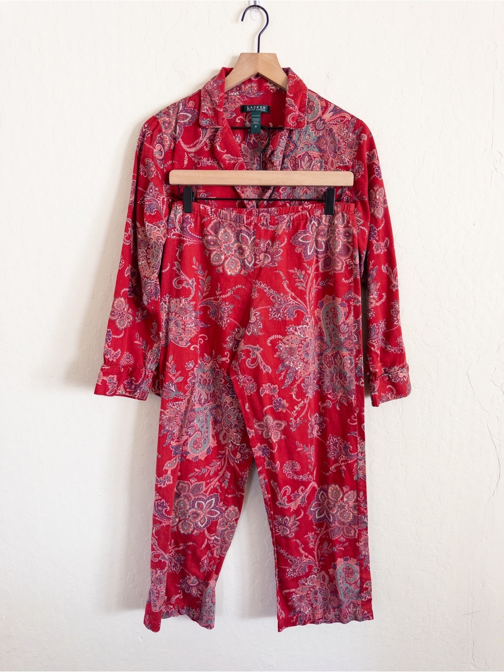 Lauren Ralph Lauren 100% Cotton Matching Pajama Set Long Sleeve Pants Medium Red